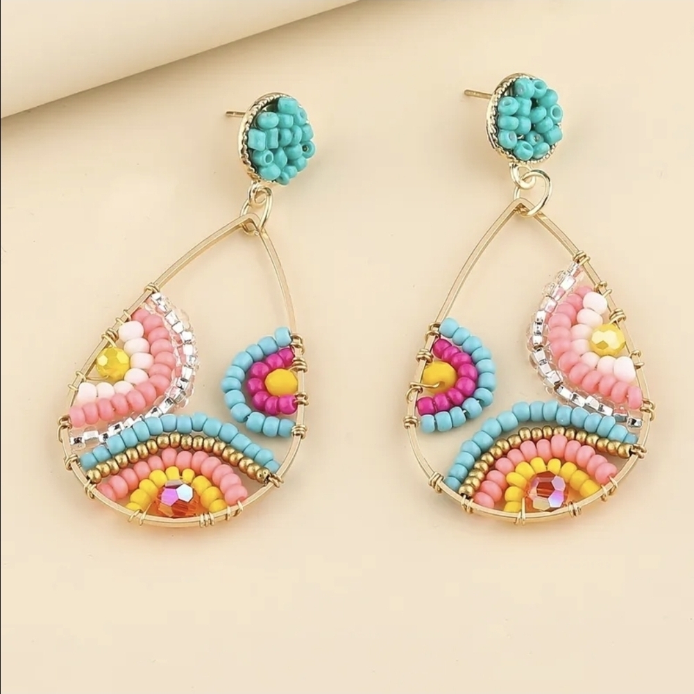 Handmade Boho Colorful Glass Seed Bead Teardrop Gold Earrings